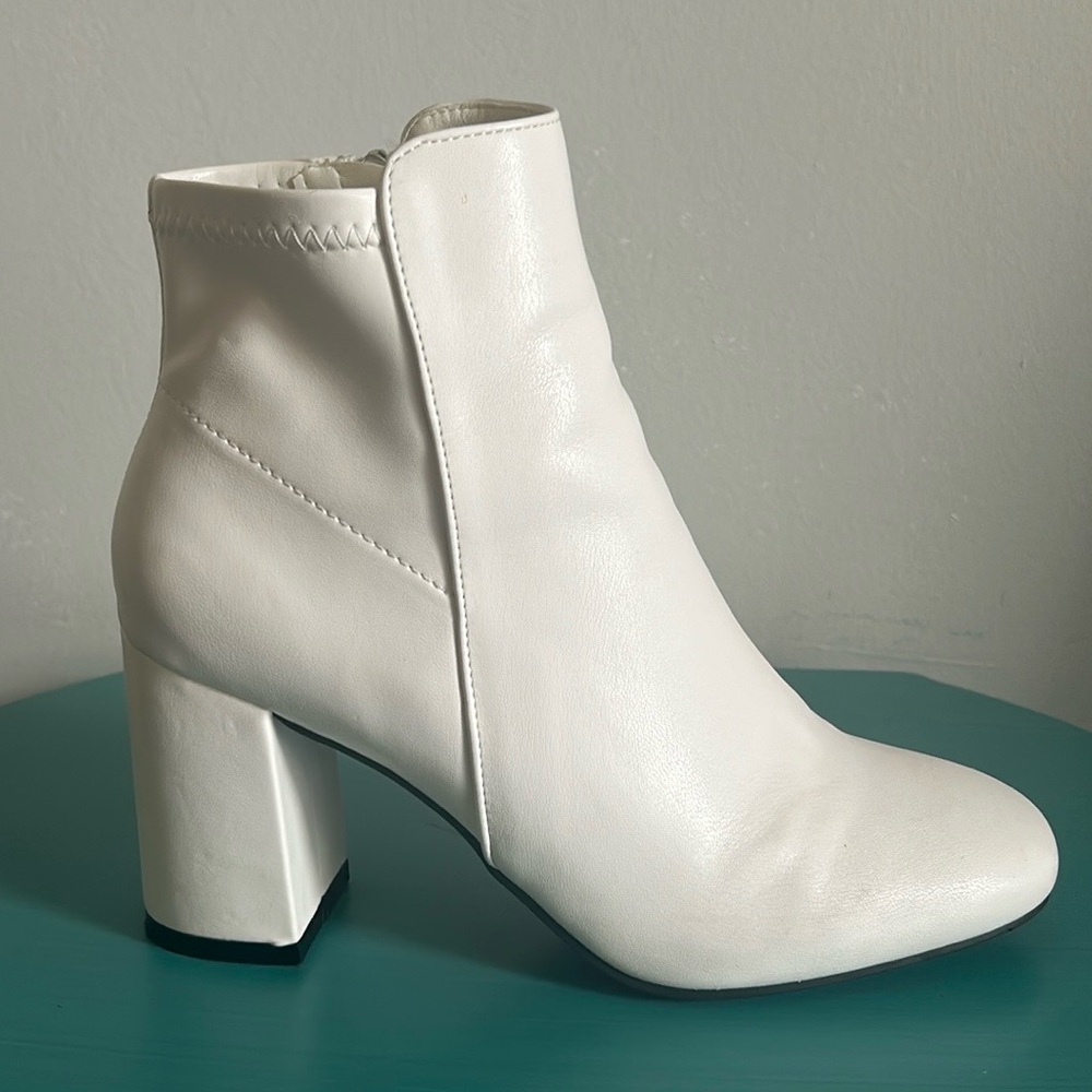 MIA Carla White Vegan Leather Block Heel Ankle Low Bootie